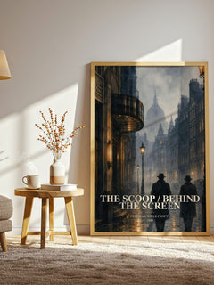 The Scoop / Behind the Screen watercolour print in frame leaning in hallway – mystery wall art