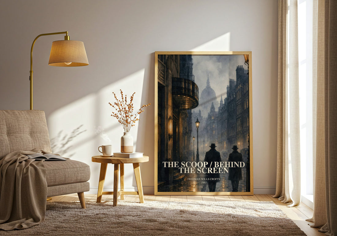 The Scoop / Behind the Screen watercolour print in frame leaning in hallway – mystery wall art