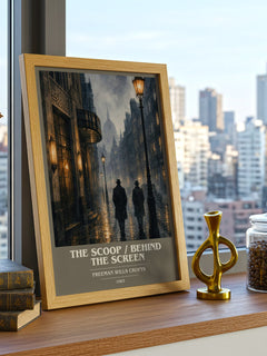 Scoop / Behind the Screen Book Cover Poster by Freeman Wills Crofts – framed print on a city-view windowsill