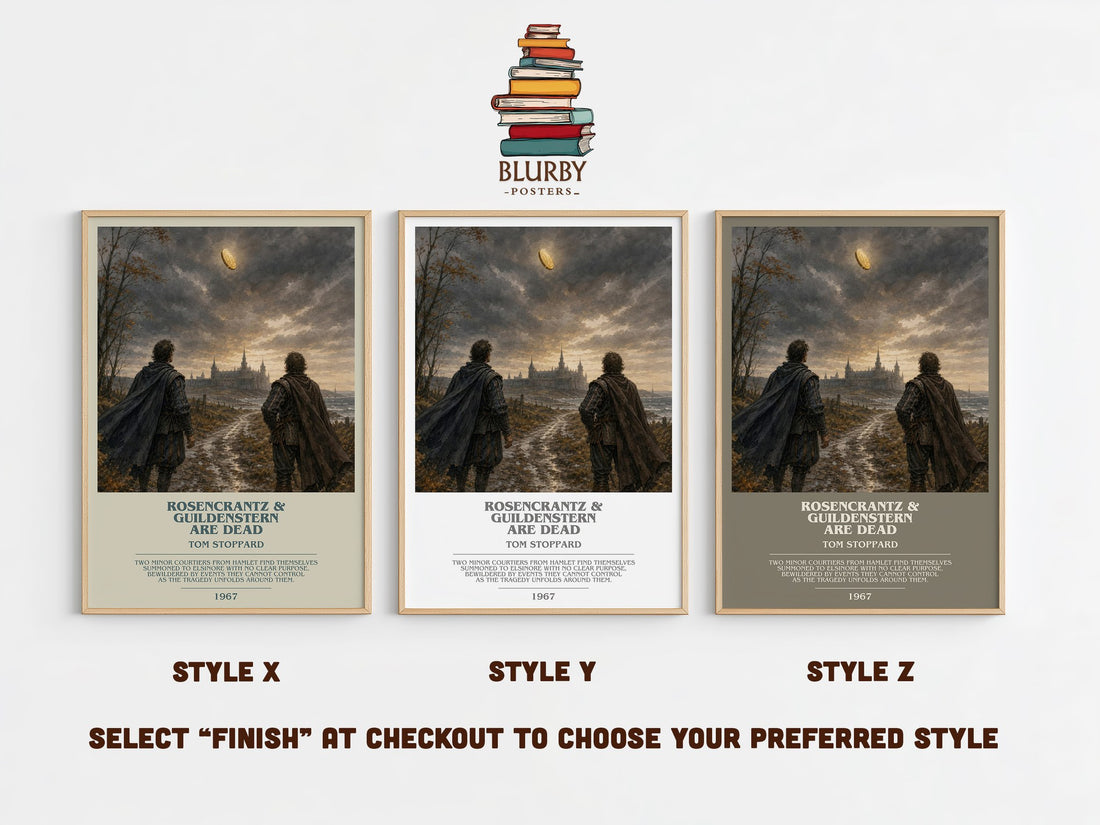 Rosencrantz & Guildenstern are dead bookish print in frame leaning in hallway – literary fiction wall art (mockup)