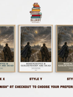 Rosencrantz & Guildenstern are dead book cover print in frame leaning in hallway – literary fiction wall art