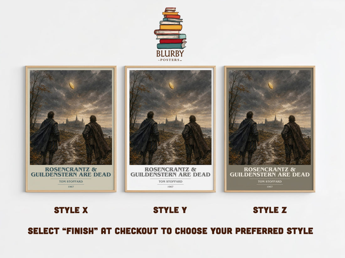 Rosencrantz & Guildenstern are dead book cover print in frame leaning in hallway – literary fiction wall art (mockup)