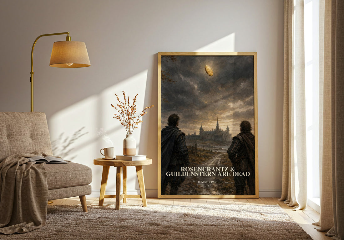 Rosencrantz & Guildenstern are dead watercolour print in frame leaning in hallway – literary fiction wall art
