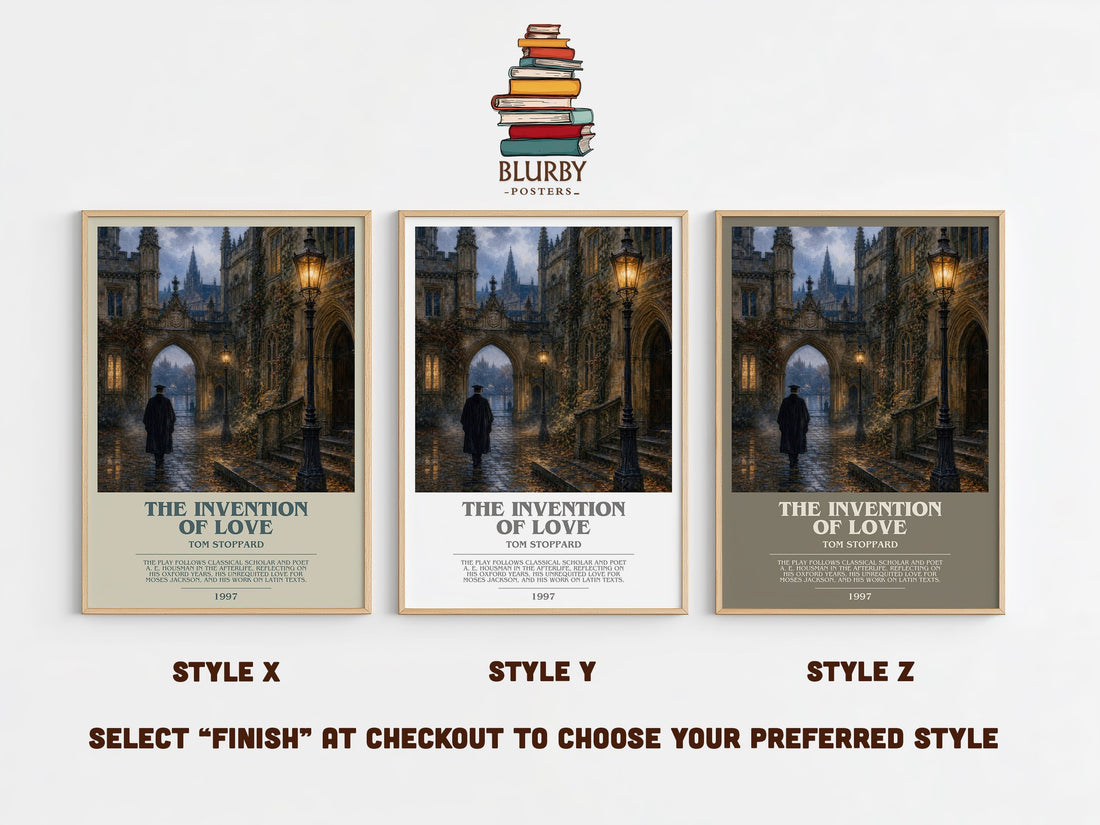 The invention of love bookish print in frame leaning in hallway – literary fiction wall art (mockup)