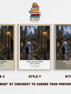 The invention of love book cover print in frame leaning in hallway – literary fiction wall art