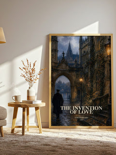 The invention of love watercolour print in frame leaning in hallway – literary fiction wall art