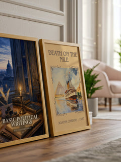 Basic political writings watercolour print framed by window – literary home decor