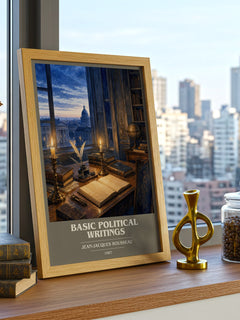 Basic political writings book cover print framed by window – literary home decor