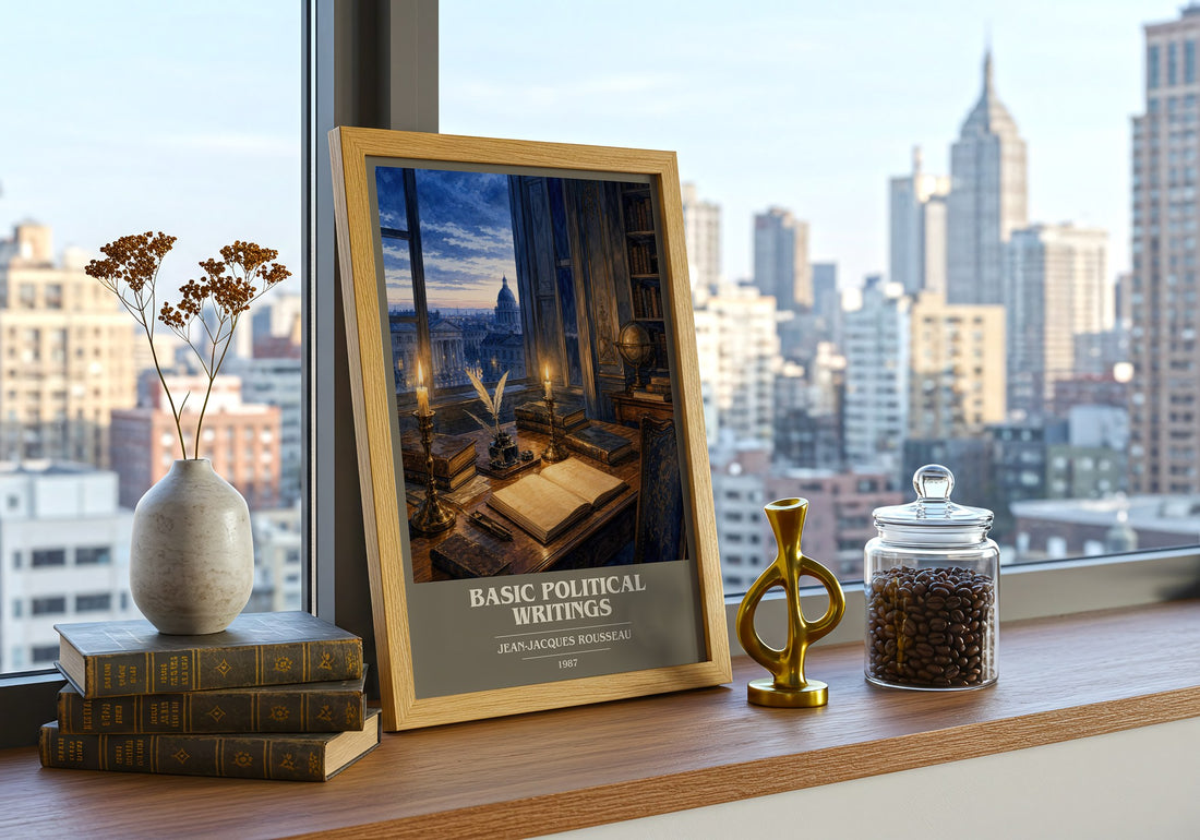 Basic political writings book cover print framed by window – literary home decor