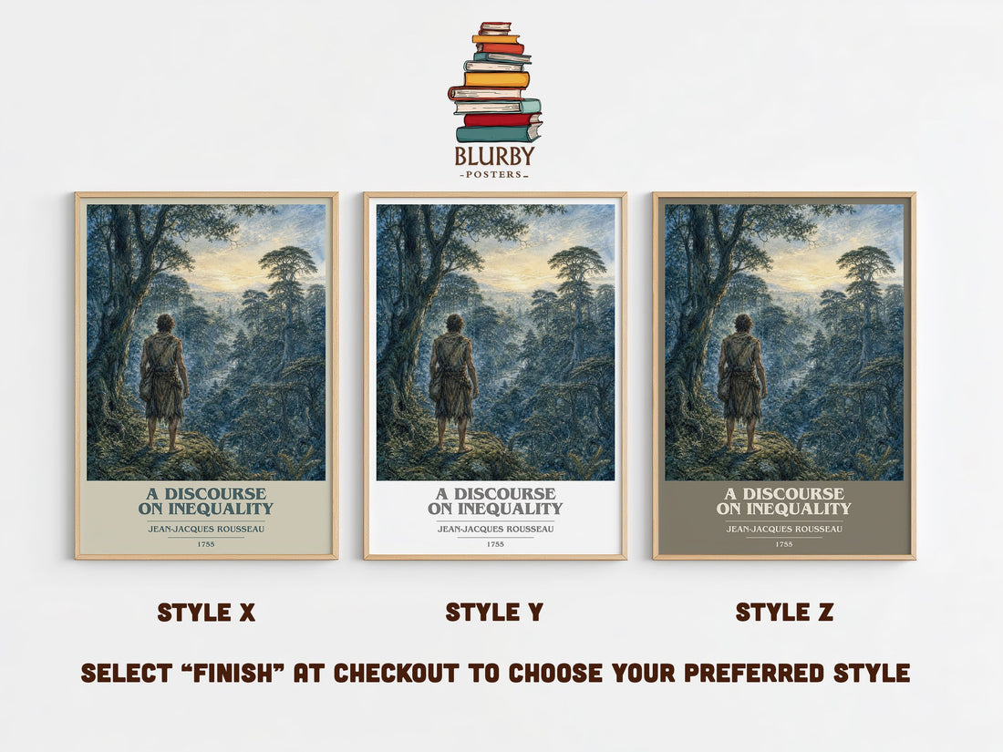 A discourse on inequality book cover print in frame leaning in hallway – philosophy wall art (mockup)