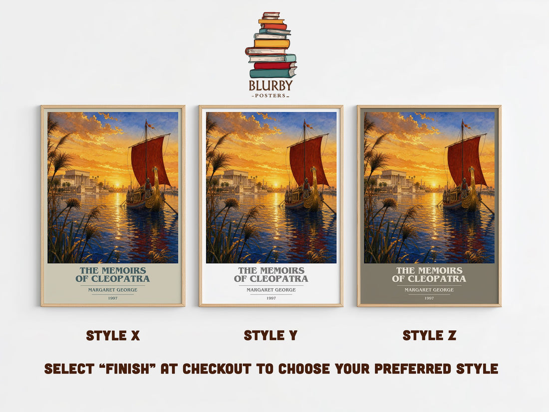 The Memoirs of Cleopatra book cover print in frame leaning in hallway – historical fiction wall art (mockup)