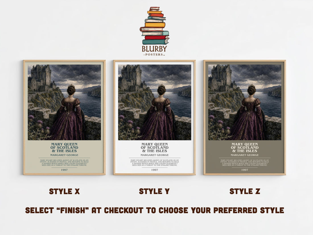 Mary Queen of Scotland & The Isles bookish print in frame leaning in hallway – historical fiction wall art (mockup)