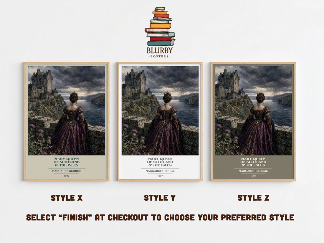 Mary Queen of Scotland & The Isles book cover print in frame leaning in hallway – historical fiction wall art (mockup)