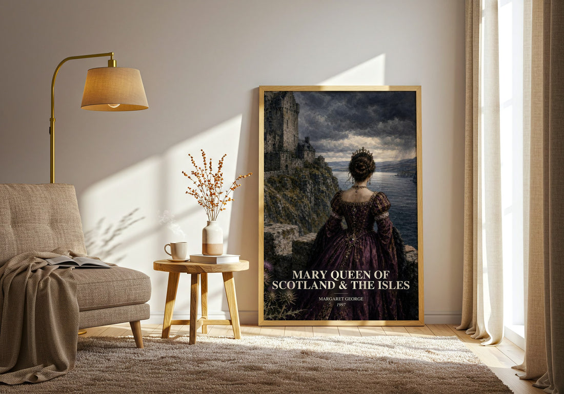 Mary Queen of Scotland & The Isles watercolour print in frame leaning in hallway – historical fiction wall art