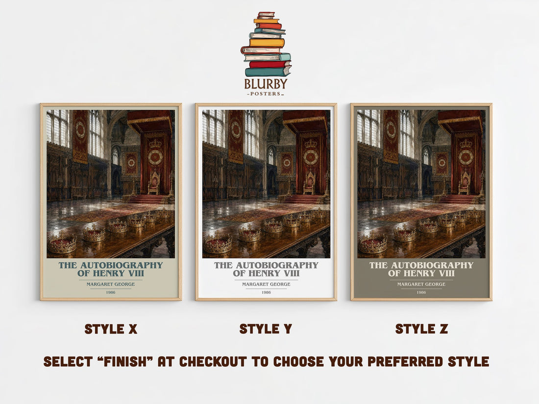 The autobiography of Henry VIII book cover print in frame leaning in hallway – historical fiction wall art (mockup)