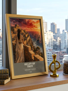 Helen of Troy Book Cover Poster by Margaret George – framed print on a city-view windowsill