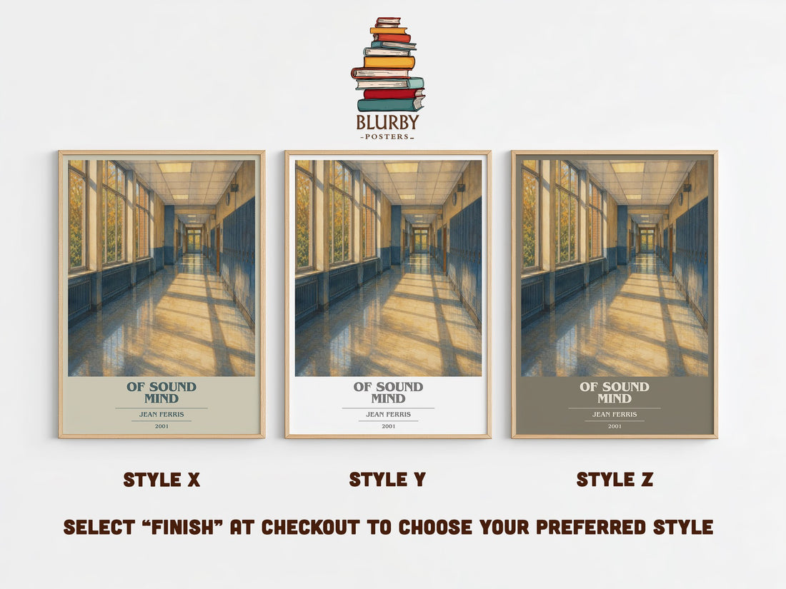 Of sound mind book cover print in frame leaning in hallway – young adult wall art (mockup)