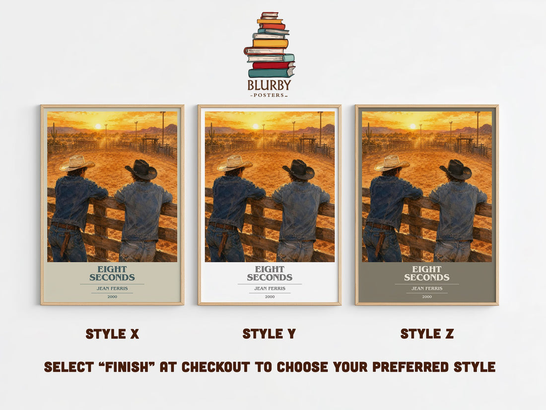 Eight seconds book cover print in frame leaning in hallway – young adult wall art (mockup)