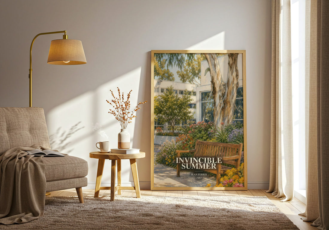 Invincible Summer watercolour print in frame leaning in hallway – young adult wall art