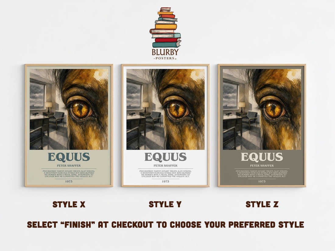 Equus bookish print in frame leaning in hallway – literary fiction wall art (mockup)