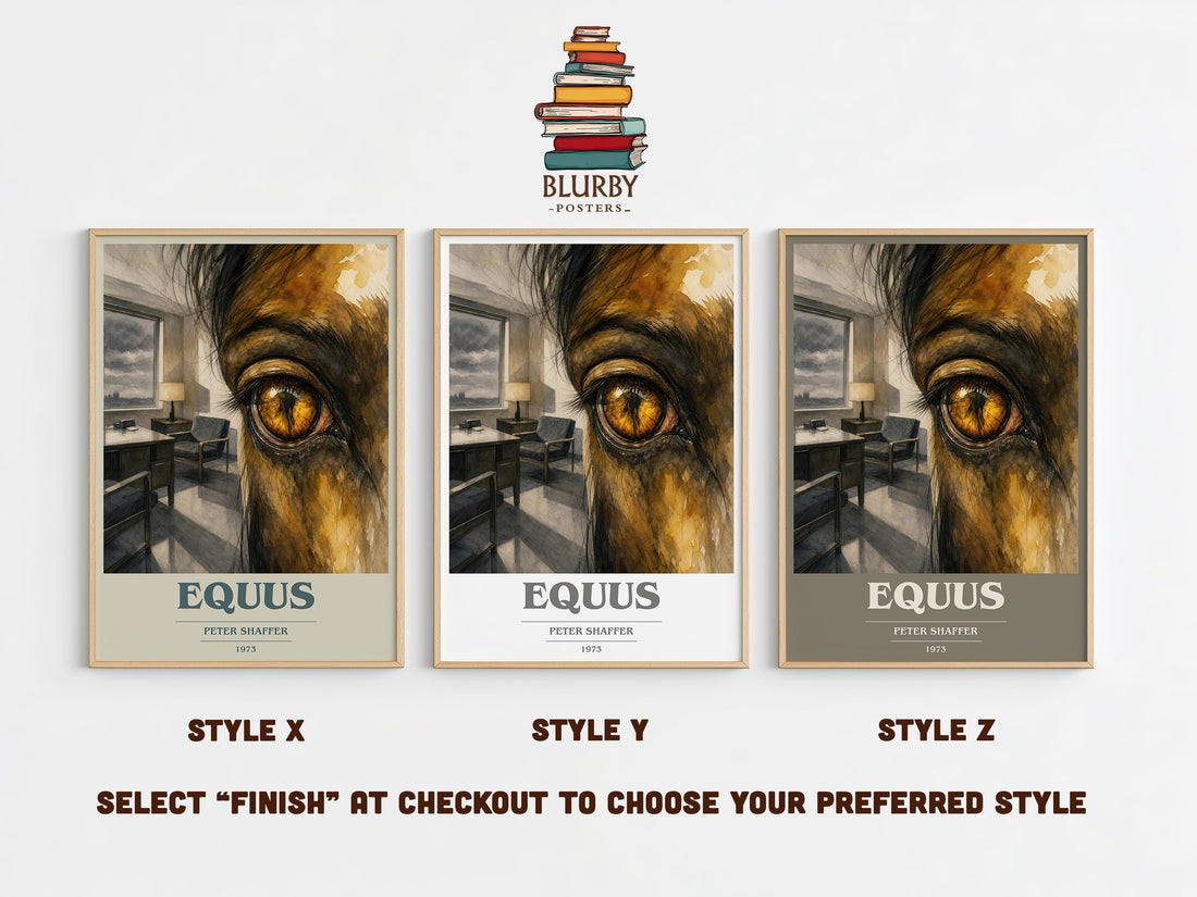 Equus book cover print in frame leaning in hallway – literary fiction wall art (mockup)