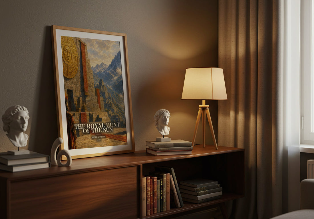The royal hunt of the sun watercolour print on bookshelf – Peter Shaffer fan gift