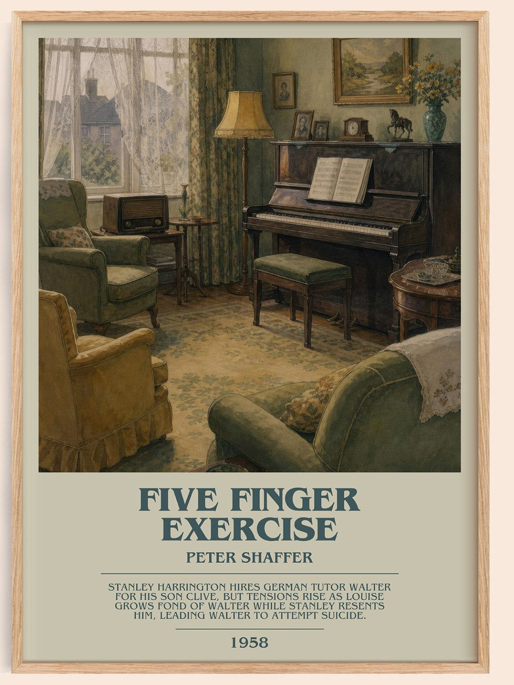Five finger exercise bookish book poster by Peter Shaffer – framed literary art print