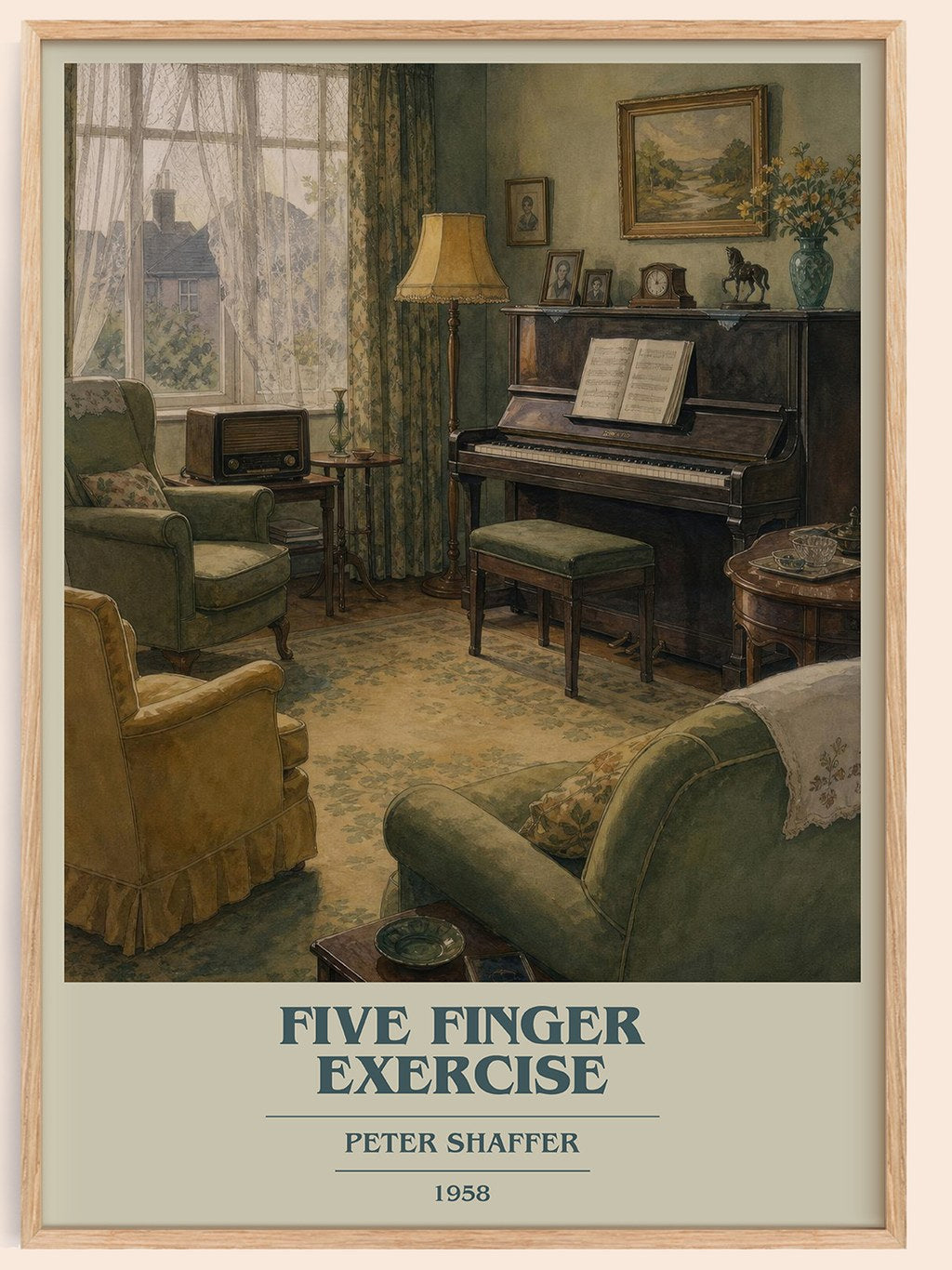 Five finger exercise book cover book poster by Peter Shaffer – framed literary art print
