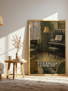 Five finger exercise watercolour print in frame leaning in hallway – literary fiction wall art