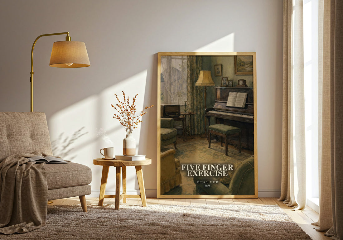 Five finger exercise watercolour print in frame leaning in hallway – literary fiction wall art