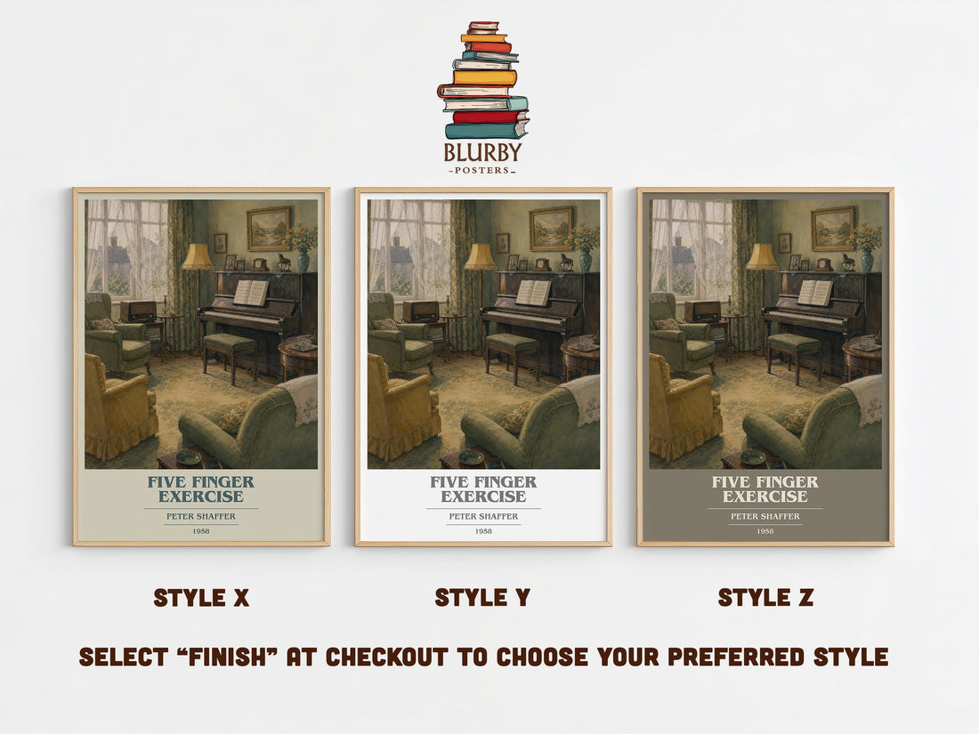 Five finger exercise book cover print in frame leaning in hallway – literary fiction wall art (mockup)