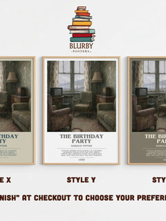 The birthday party bookish print in frame leaning in hallway – literary fiction wall art