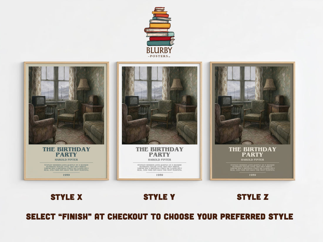 The birthday party bookish print in frame leaning in hallway – literary fiction wall art (mockup)
