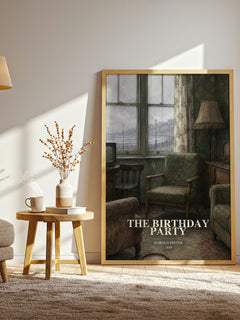 The birthday party watercolour print in frame leaning in hallway – literary fiction wall art