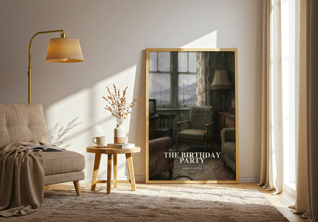 The birthday party watercolour print in frame leaning in hallway – literary fiction wall art