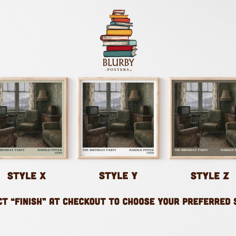 The birthday party literary print in frame leaning in hallway – literary fiction wall art