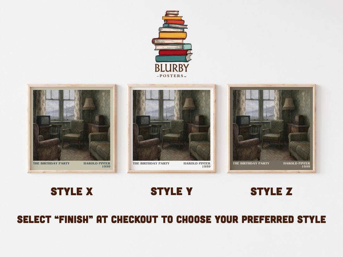 The birthday party literary print in frame leaning in hallway – literary fiction wall art (mockup)