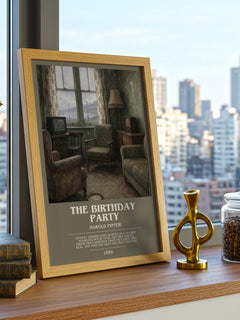 The birthday party bookish print framed by window – literary home decor