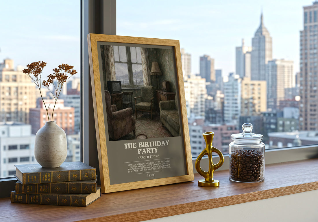 The birthday party bookish print framed by window – literary home decor