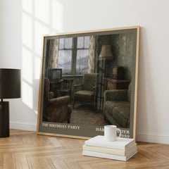 The birthday party literary print framed by window – literary home decor