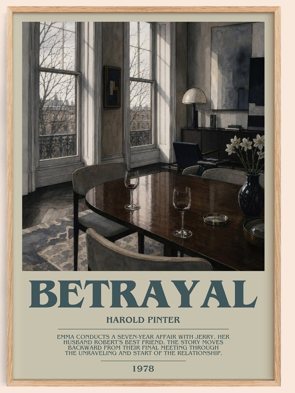 Betrayal bookish book poster by Harold Pinter – framed literary art print