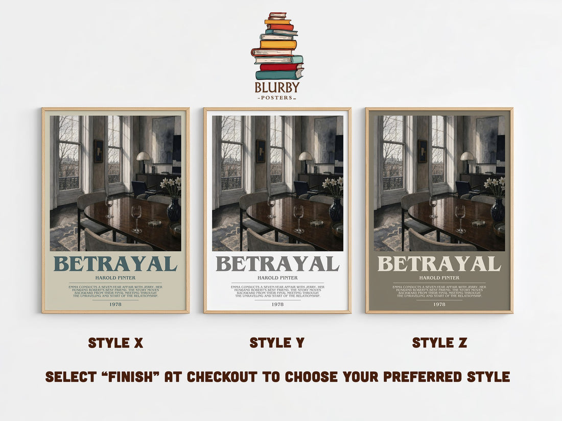Betrayal bookish print in frame leaning in hallway – literary fiction wall art (mockup)