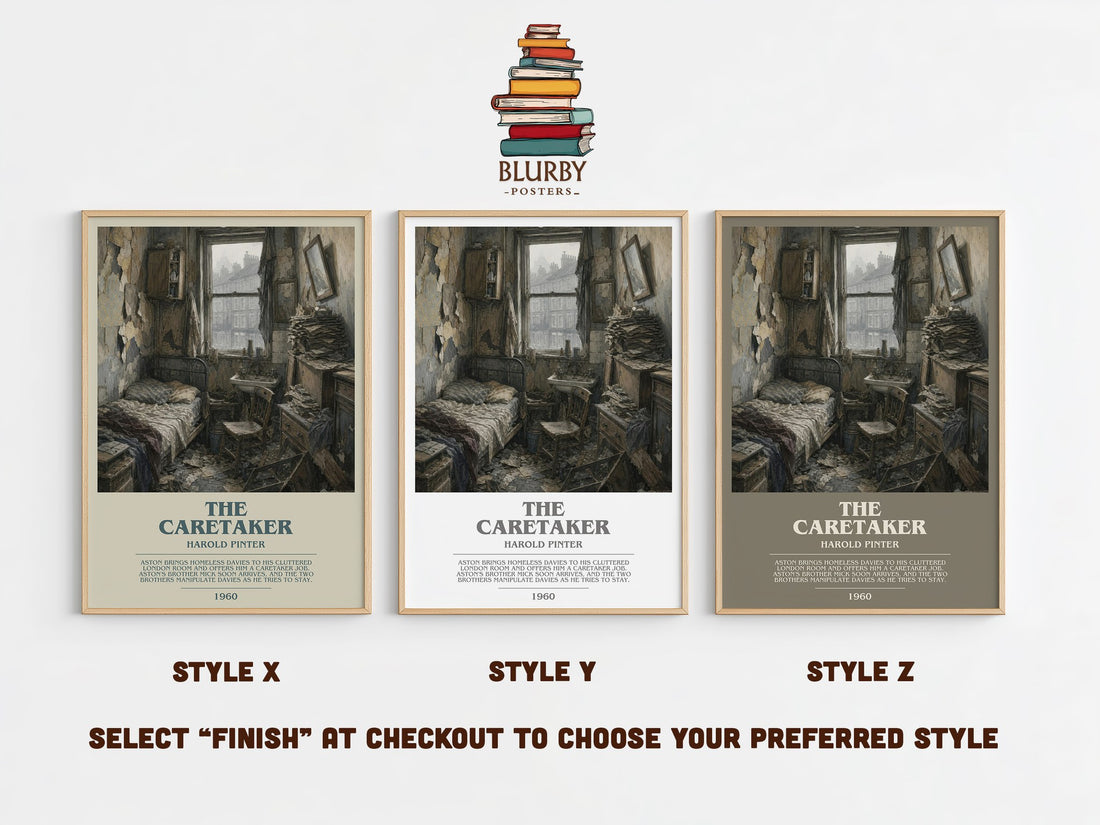 The caretaker bookish print in frame leaning in hallway – literary fiction wall art (mockup)