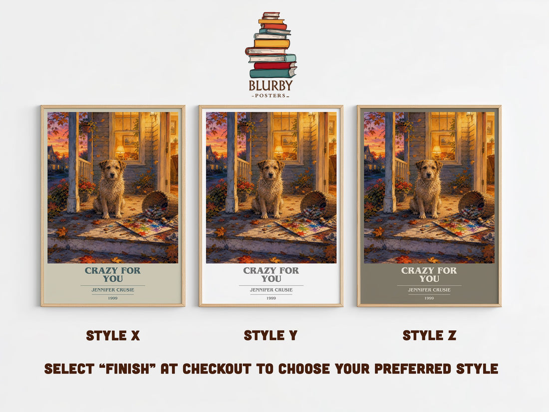 Crazy for You book cover print in frame leaning in hallway – romance wall art (mockup)