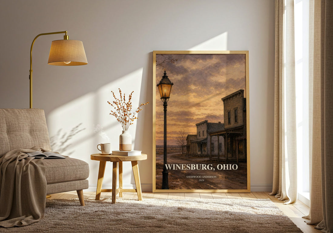 Winesburg, Ohio watercolour print in frame leaning in hallway – literary fiction wall art