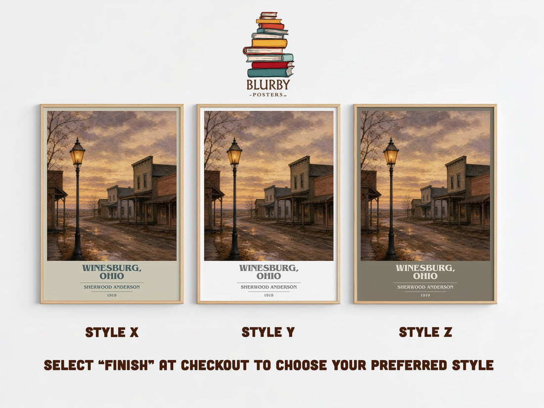 Winesburg, Ohio book cover print in frame leaning in hallway – literary fiction wall art (mockup)