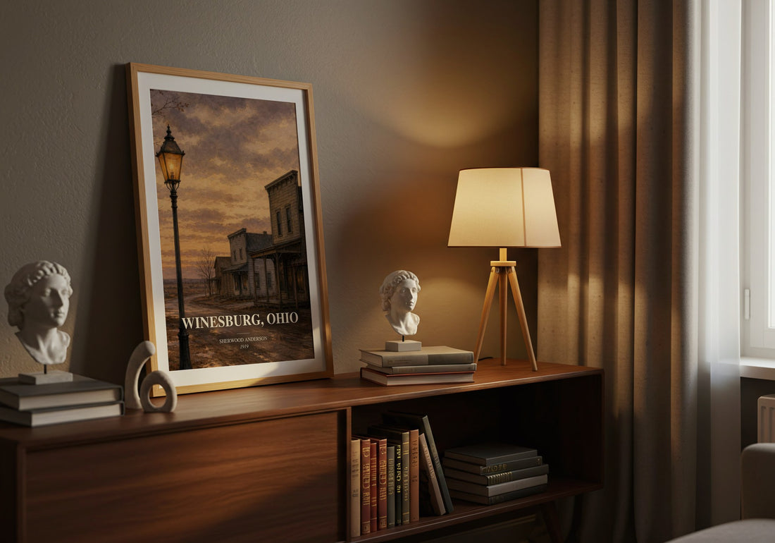 Winesburg, Ohio watercolour print on bookshelf – Sherwood Anderson fan gift