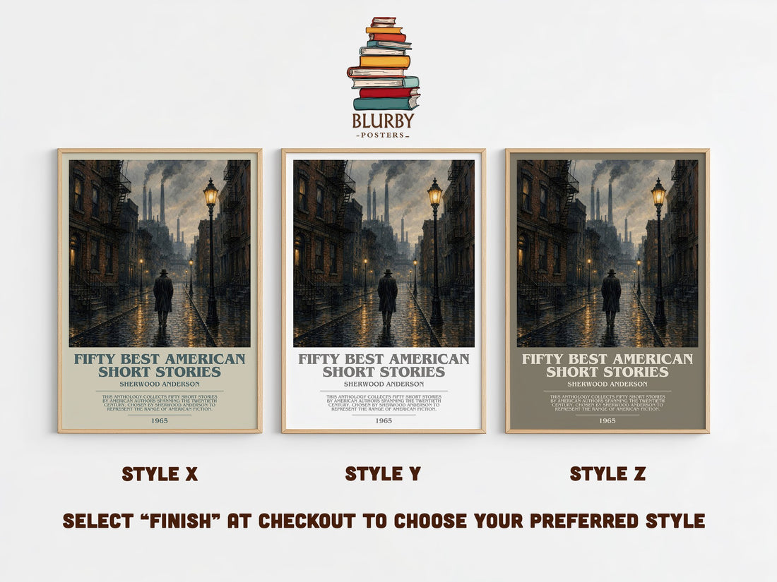 Fifty Best American Short Stories bookish print in frame leaning in hallway – literary fiction wall art (mockup)