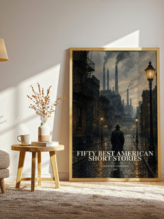 Fifty Best American Short Stories watercolour print in frame leaning in hallway – literary fiction wall art