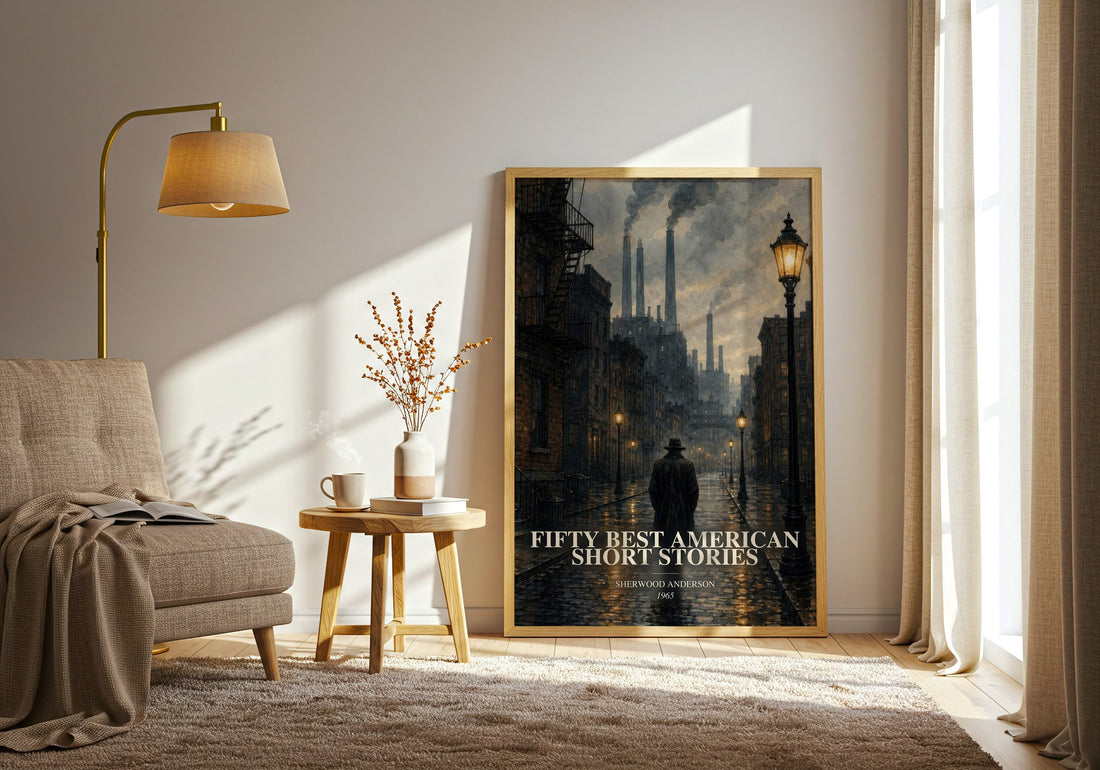 Fifty Best American Short Stories watercolour print in frame leaning in hallway – literary fiction wall art